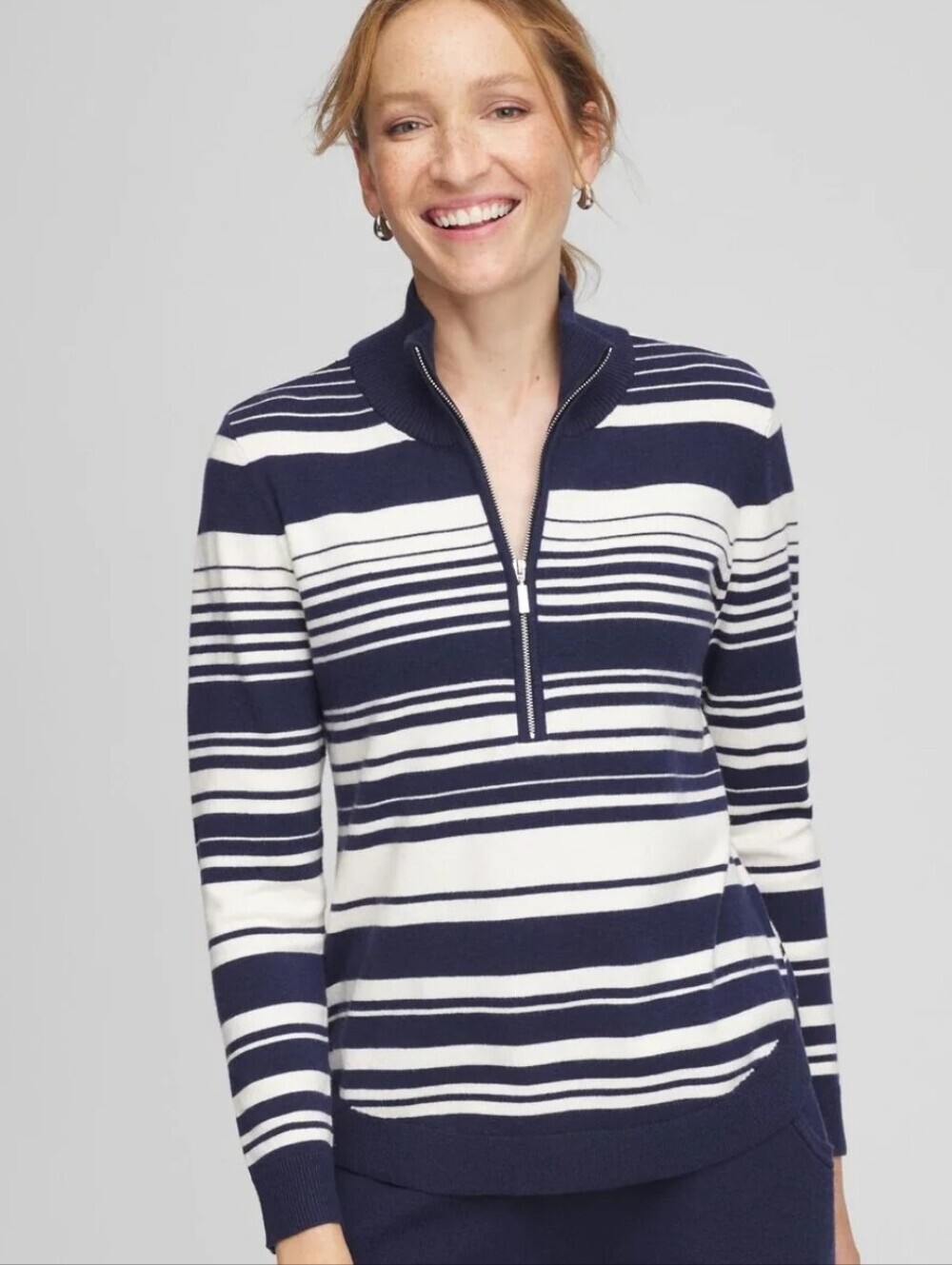 Chico's Navy & White Striped Half-Zip Pullover Cashmere Blend Size 2 Large